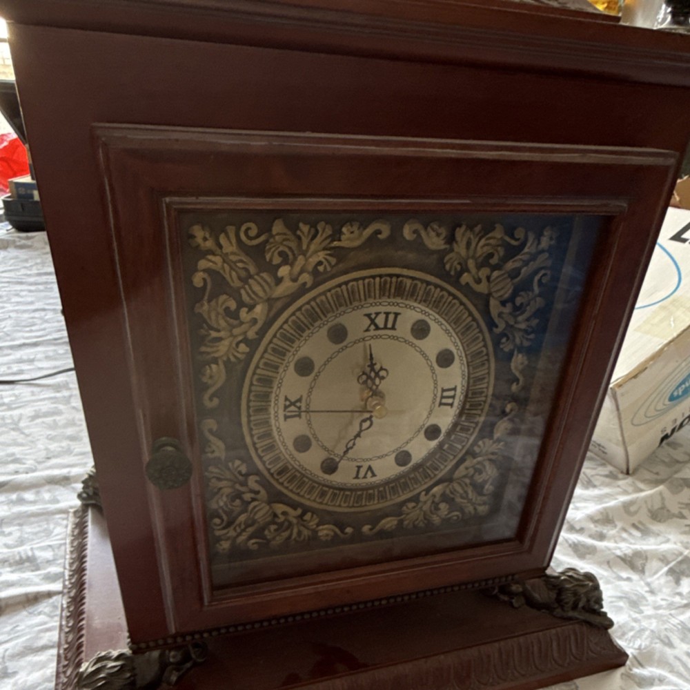 Bombay Mantel Clock Walnut Wood Rectangular Lion Roman Numerals Analog 2002