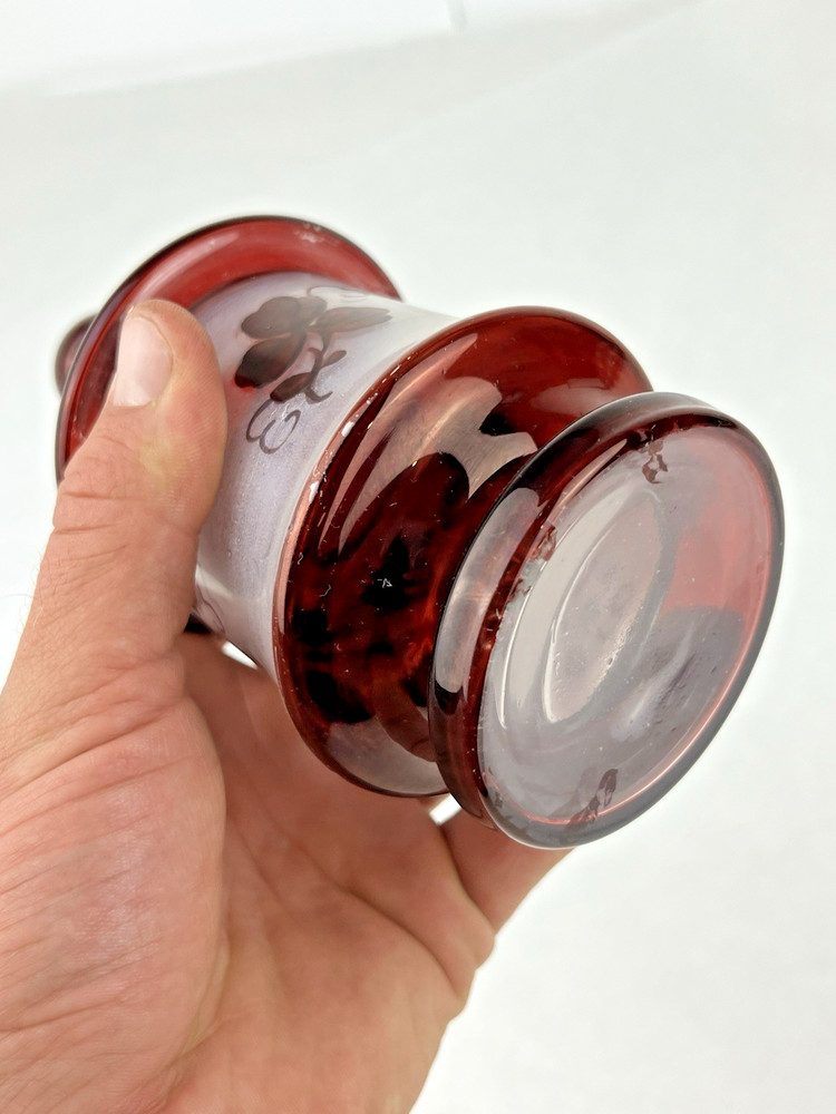 Antique Bohemian Ruby Red Covered Candy Dish W/ Leaf Pattern 7"