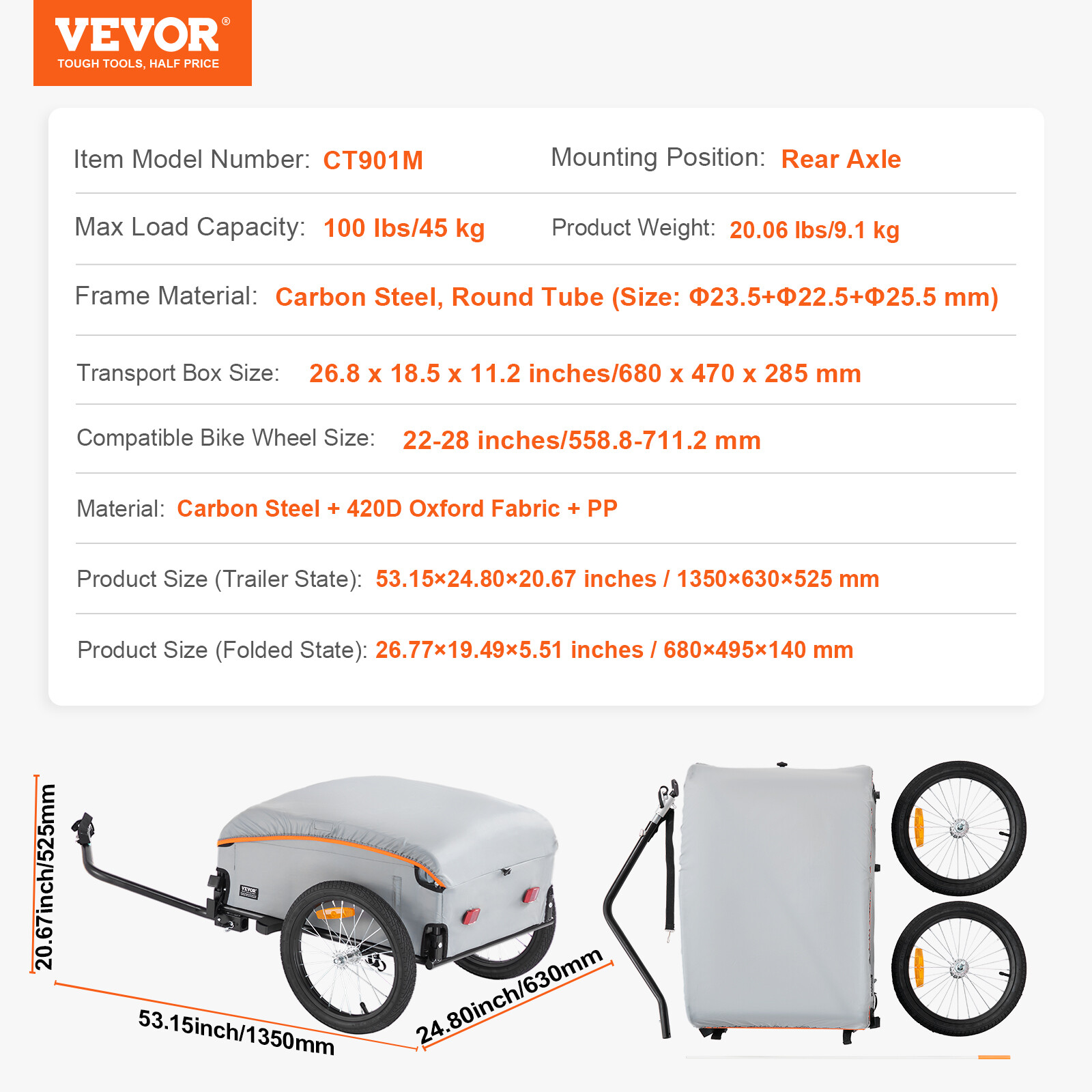 VEVOR Bike Cargo Trailer Bicycle Carrier Storage Cart 100 lbs Load Carbon Steel