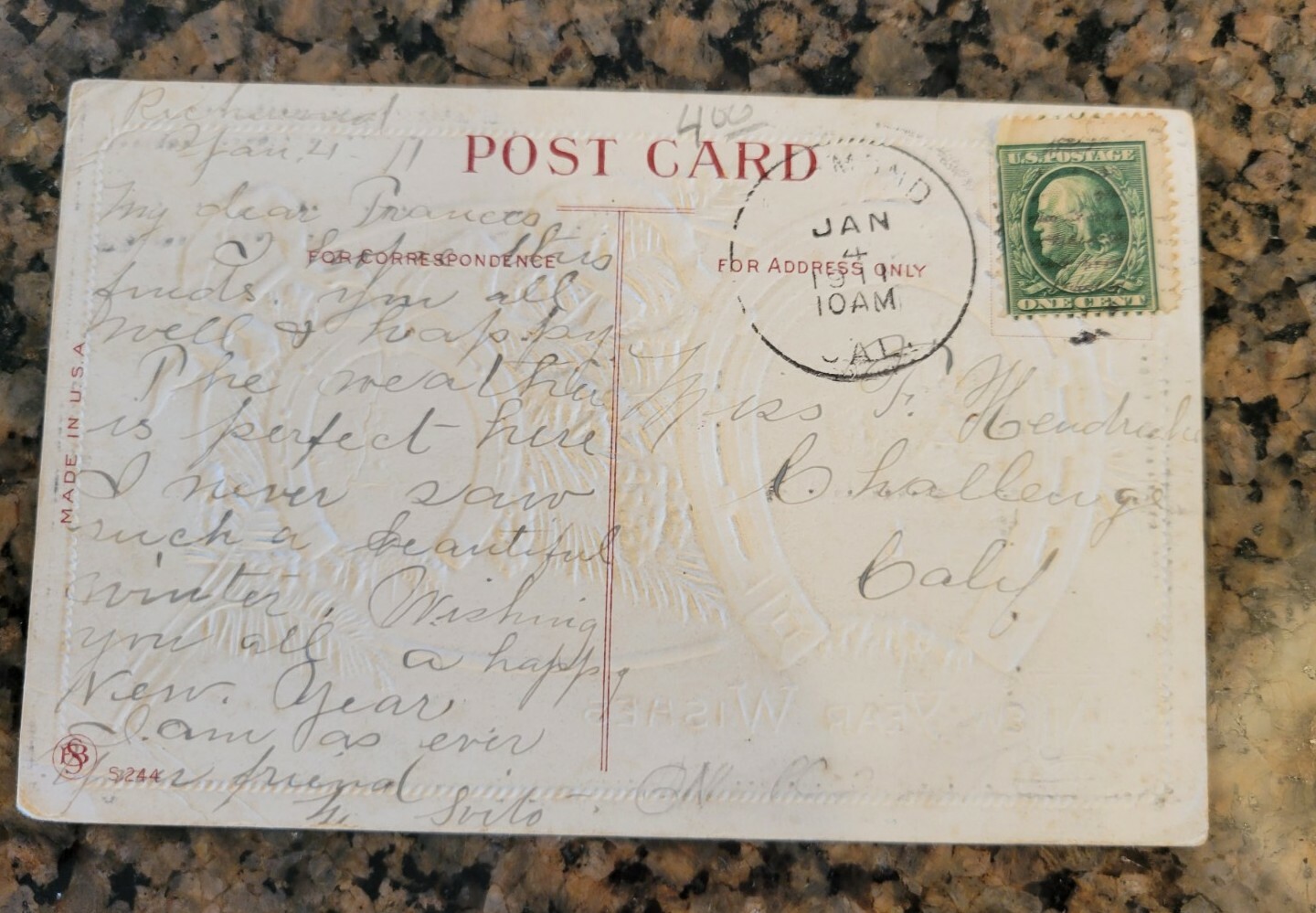 BENJAMIN FRANKLIN 1 Cent Stamp New Year Embossed Postcard 1911 Post Marked