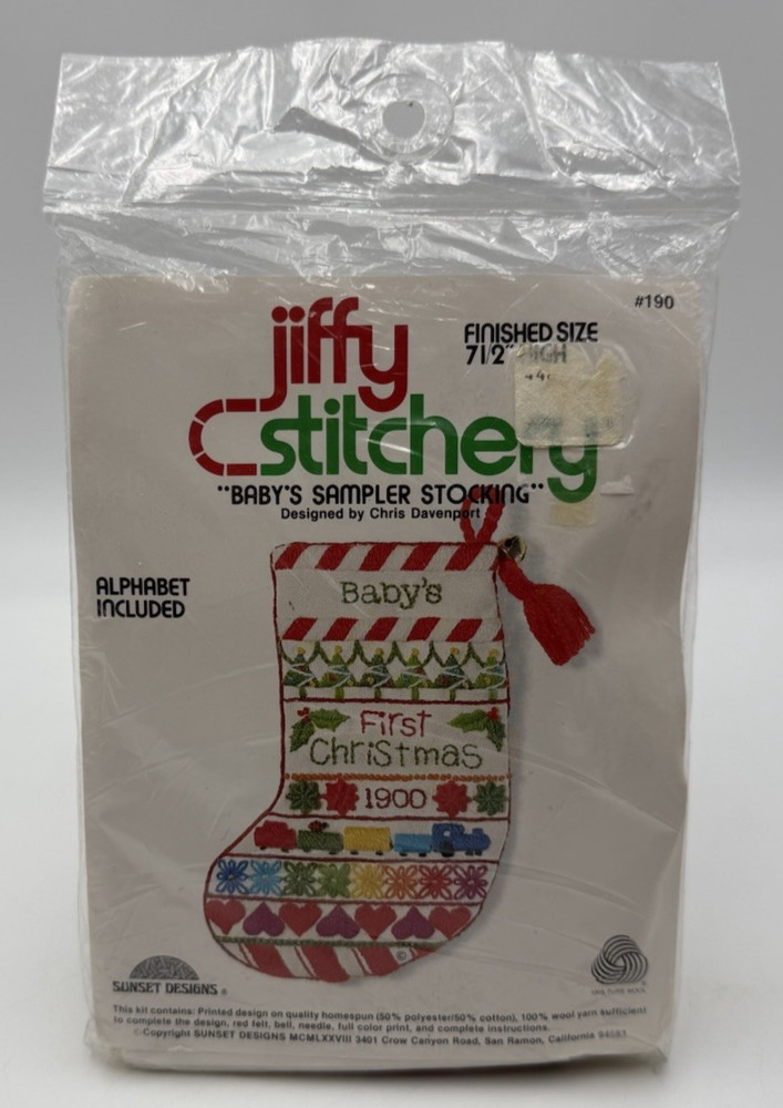 Sunset Jiffy Crewel Embroidery Baby's First Christmas Stocking Sampler 190