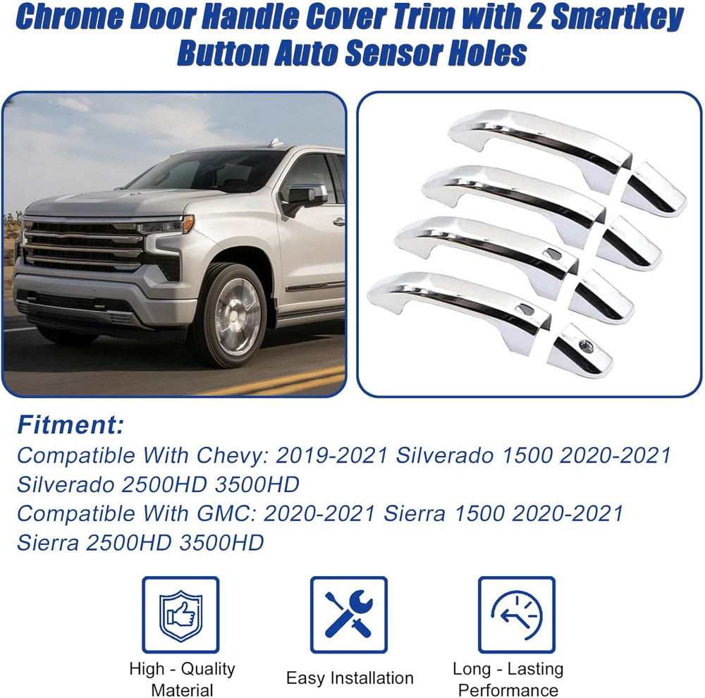 4Pcs Chrome Door Handle Cover Trim with 2 Smartkey Button Auto Sensor Holes Comp