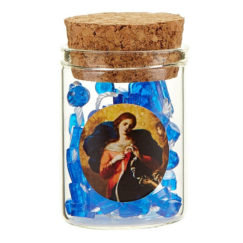 Economical Mary Untier of Knots with Sapphire Colored 12" Cord Rosary / Bottle
