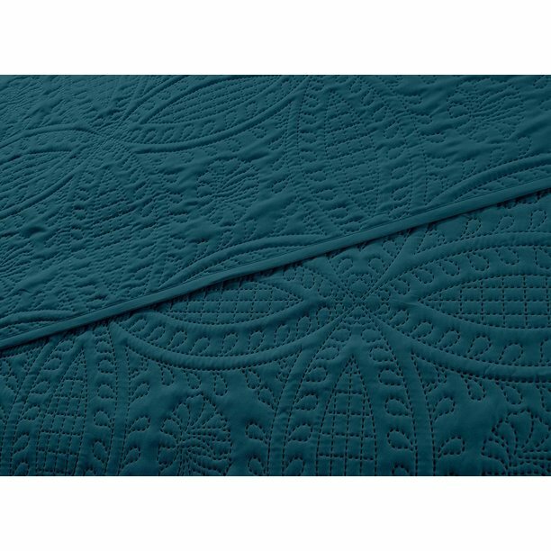 Queen King Solid Teal Blue Embossed Oversized 3 pc Quilt Set Coverlet Bedding