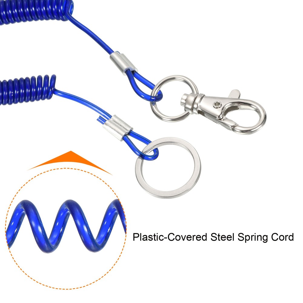 6" Plastic Retractable Coil Spring Keychain Strap Ring Lobster Clasp, Dark Blue