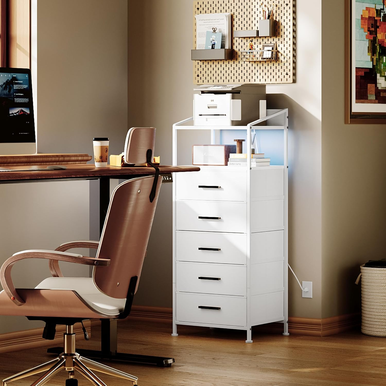 Nightstand 5 Drawer Dresser with LED Lights and Charging Station, Vertical Side