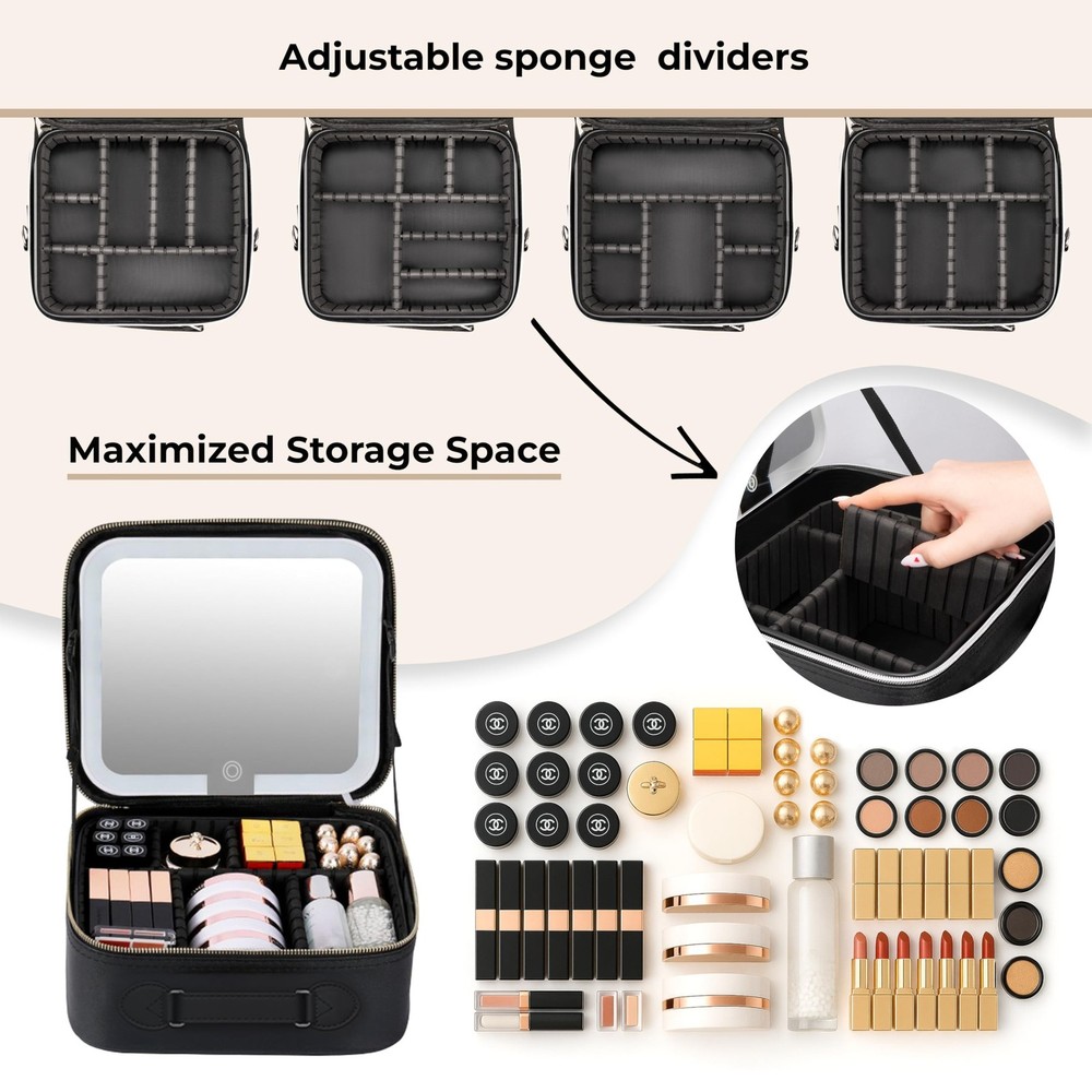 Makeup Bag with LED Mirror, PU Leather Makeup Case - 3 Adjustable Brightness ...