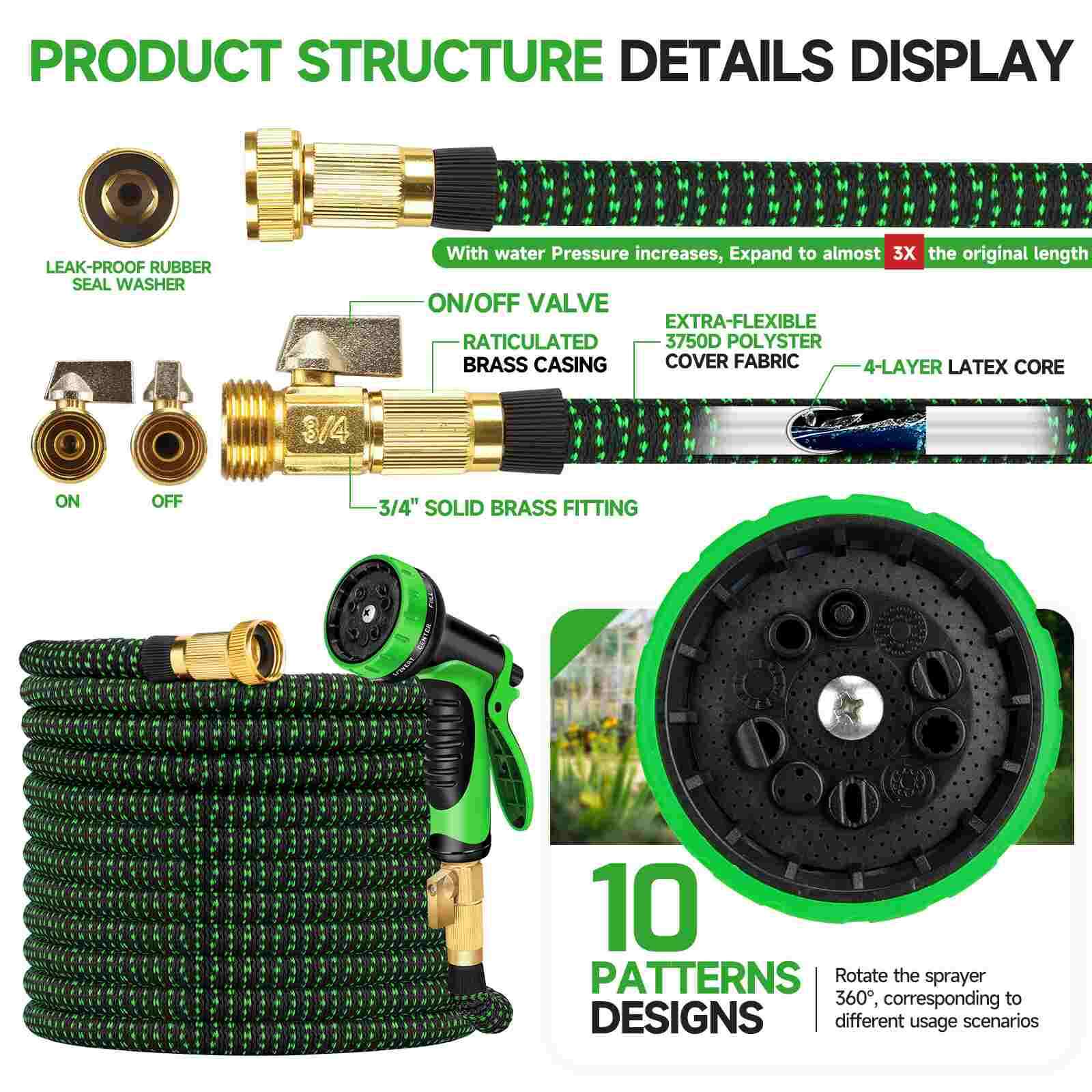 Durable Lightweight 3X Expandable Flexible Garden Water Hose 25/50/75/100/150ft