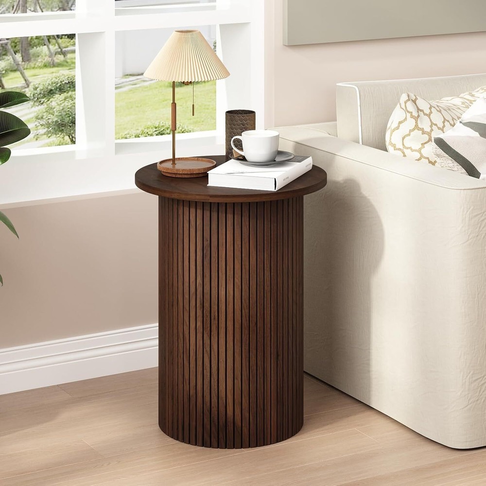 Wnutrees Round Fluted End Table, Small Accent Pedestal Side Table
