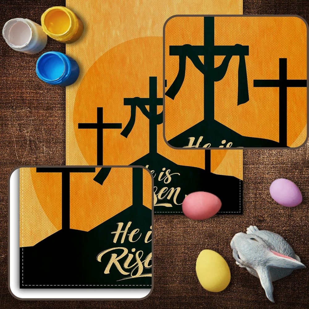 Linen He Is Risen Table Runner Spring Easter Ressurection 13×72 inch, Neutral