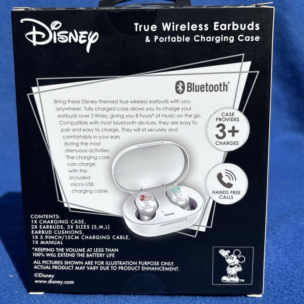 Disney Mickey Mouse True Wireless Earbuds Portable Charging Case Bluetooth New