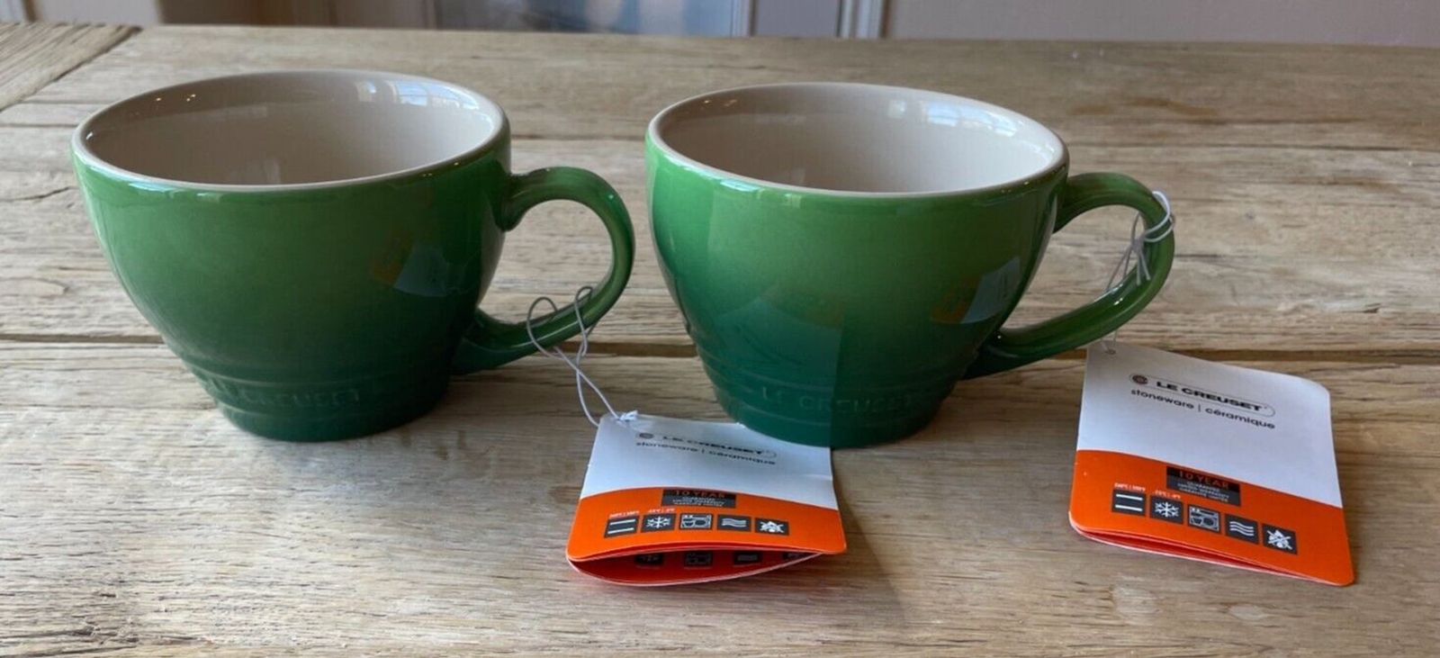 Le Creuset Stoneware Set of 2 Giant Cappuccino Bistro Mug 14 oz Bamboo Green NEW