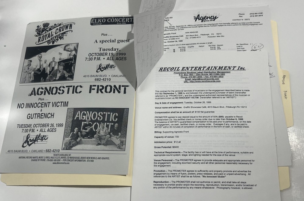Agnostic Front Concert Contract 1999 Pittsburgh PA