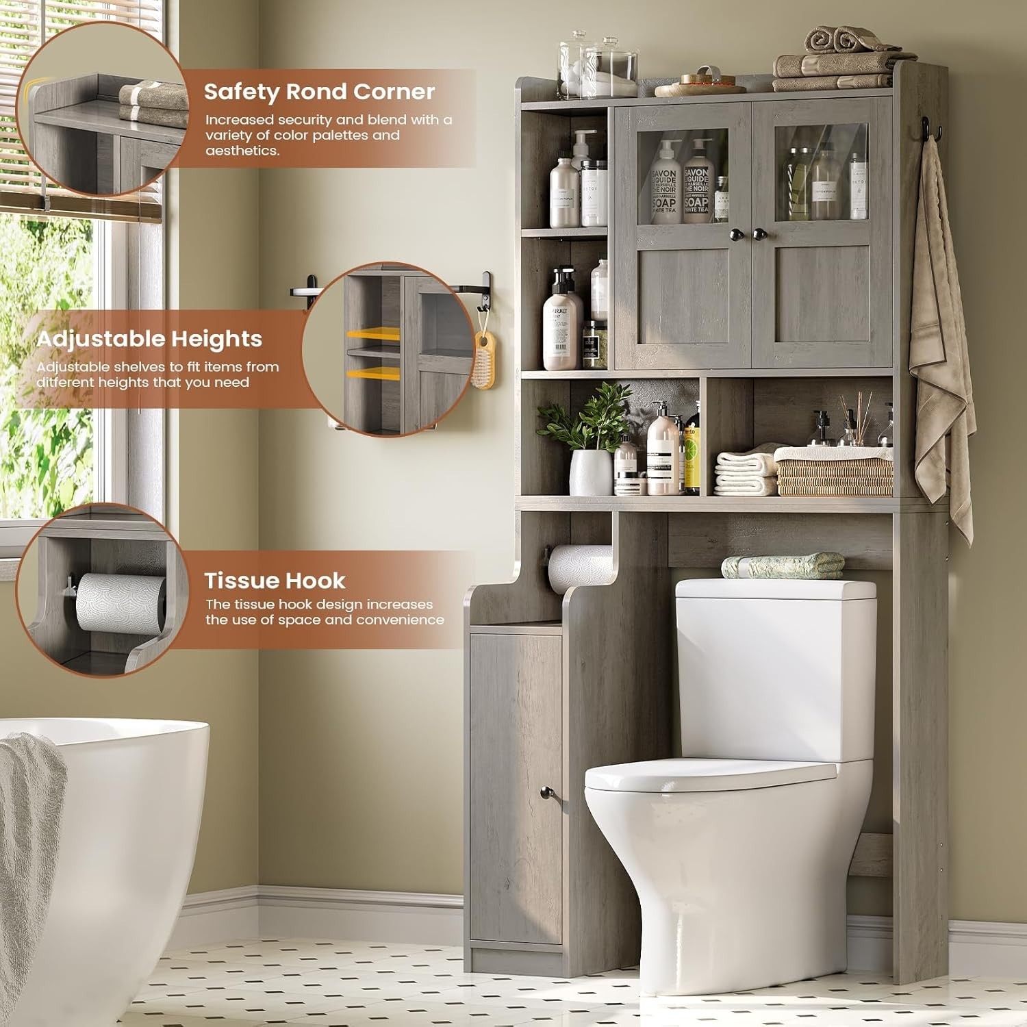 Over The Toilet Storage Cabinet, Farmhouse Bathroom Organizer with Glass Doors