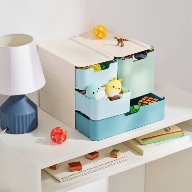 Modular Storage Drawer Set Blue Cutout handles on the front