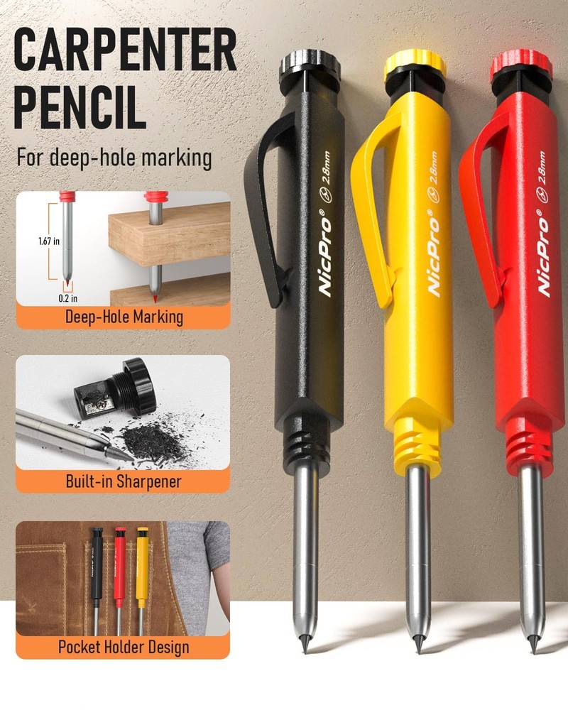 Nicpro 3 Pack Carpenter Pencil Set with Sharpener & 3 PACK, Black Red Yellow