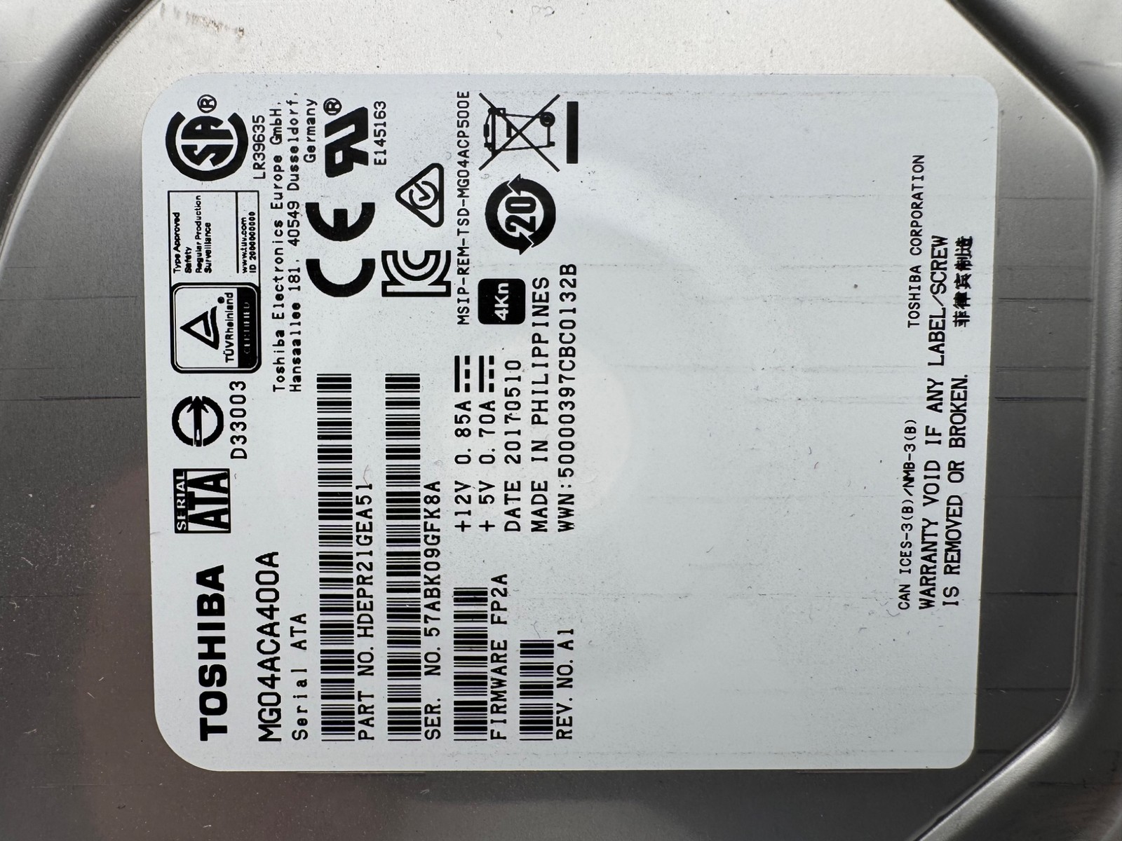 Toshiba MG04ACA400A HDEPR21GEA51 FP2A REV. A1 4TB 4000gb 3.5" SATA Hard Drive HD