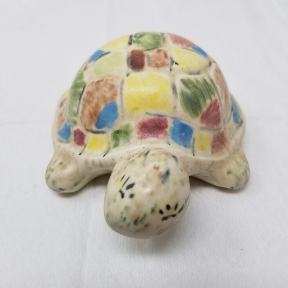 Turtle Figurine Patchwork Pastel Ceramic Tortoise Hand Painted 1970s Vtg