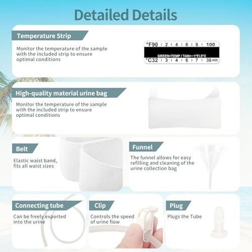 Reusable Urine Test Kit, Adjustable Belt, Temp Indicators, 5 Outlets, Large