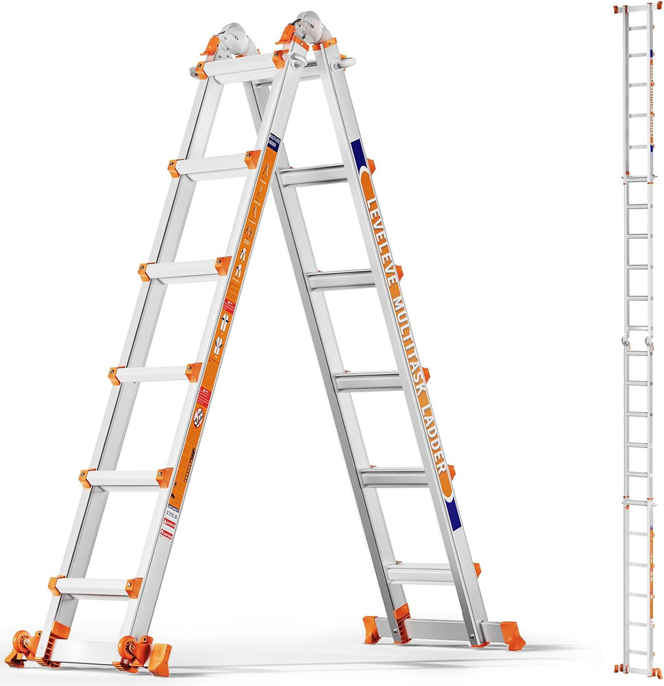 LEVELEVE Telescoping a Frame Ladder, 22FT Multi Position Ladder with Stabilizer