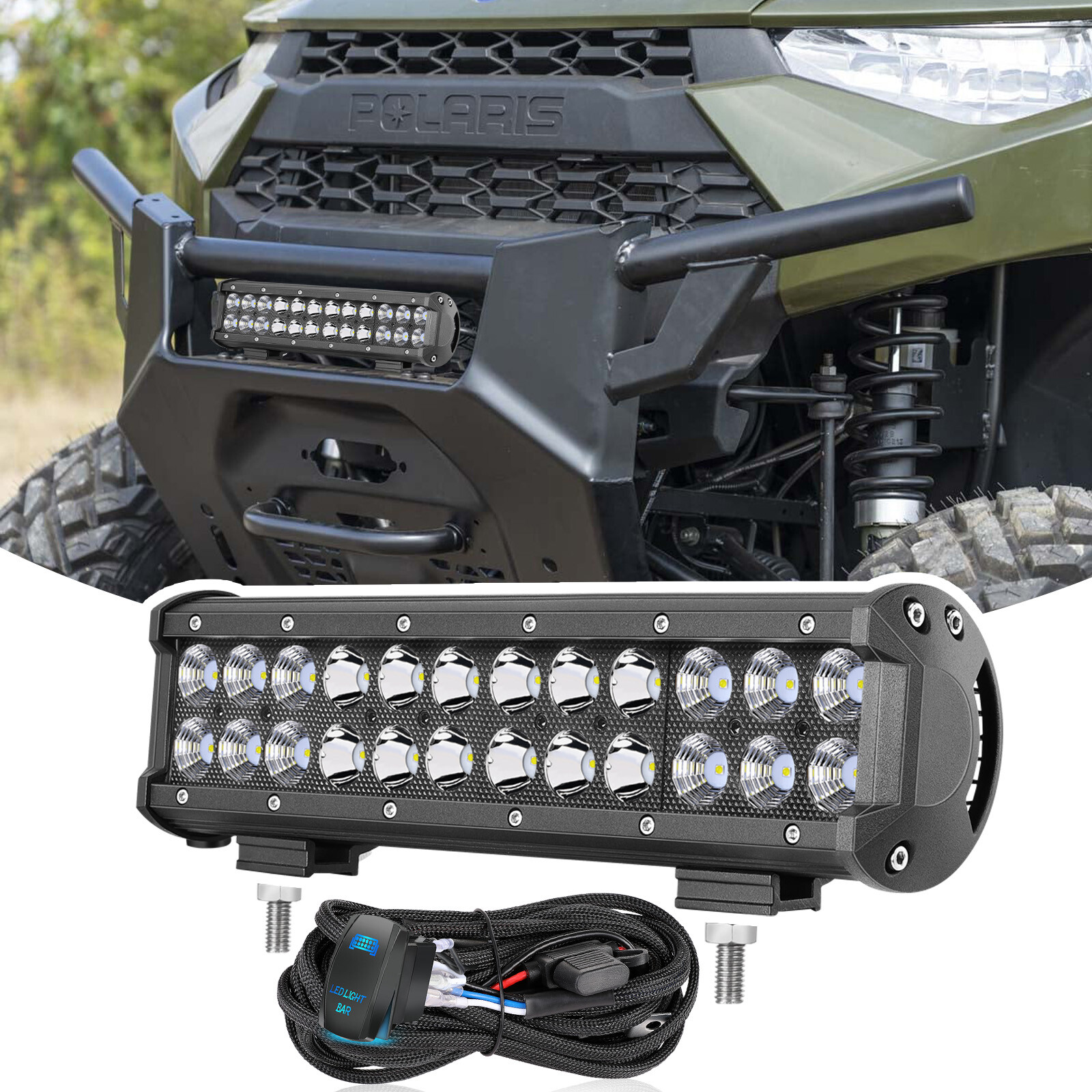 FOR Polaris Ranger XP 1000/1000 Crew 12" LED Light Bar Combo+ Rock Switch Wiring