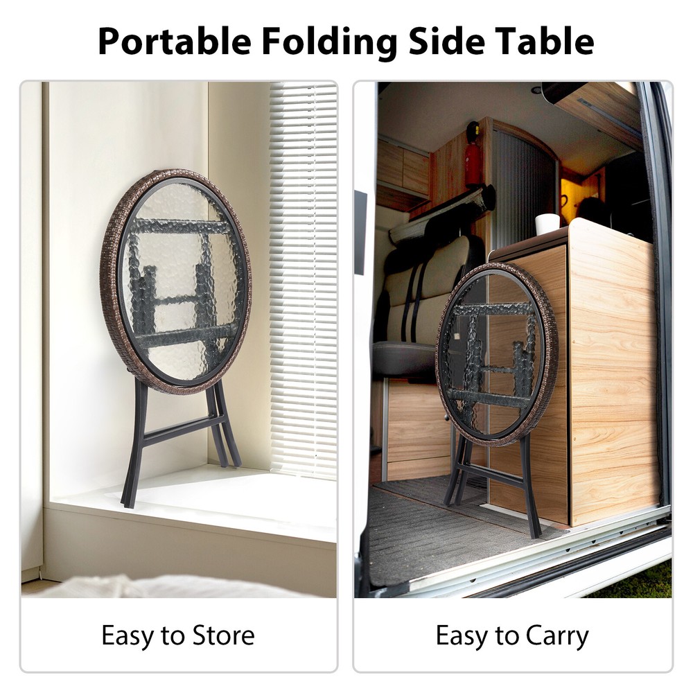 Round Rattan Side Table Foldable Wicker Table with Tempered Glass Table Top