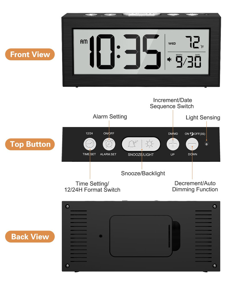 Battery Powered Digital Clock, LCD Digital Clock with Date & Temp Display, 5 Ala