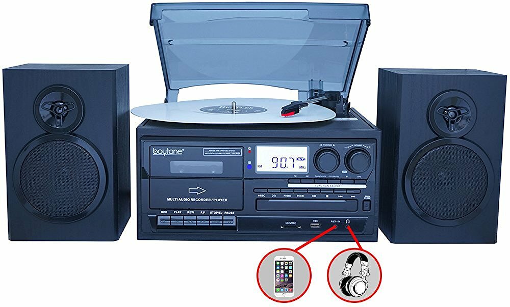 Boytone BT-28SPB Record Turntable System with Bluetooth CD Cassette Black