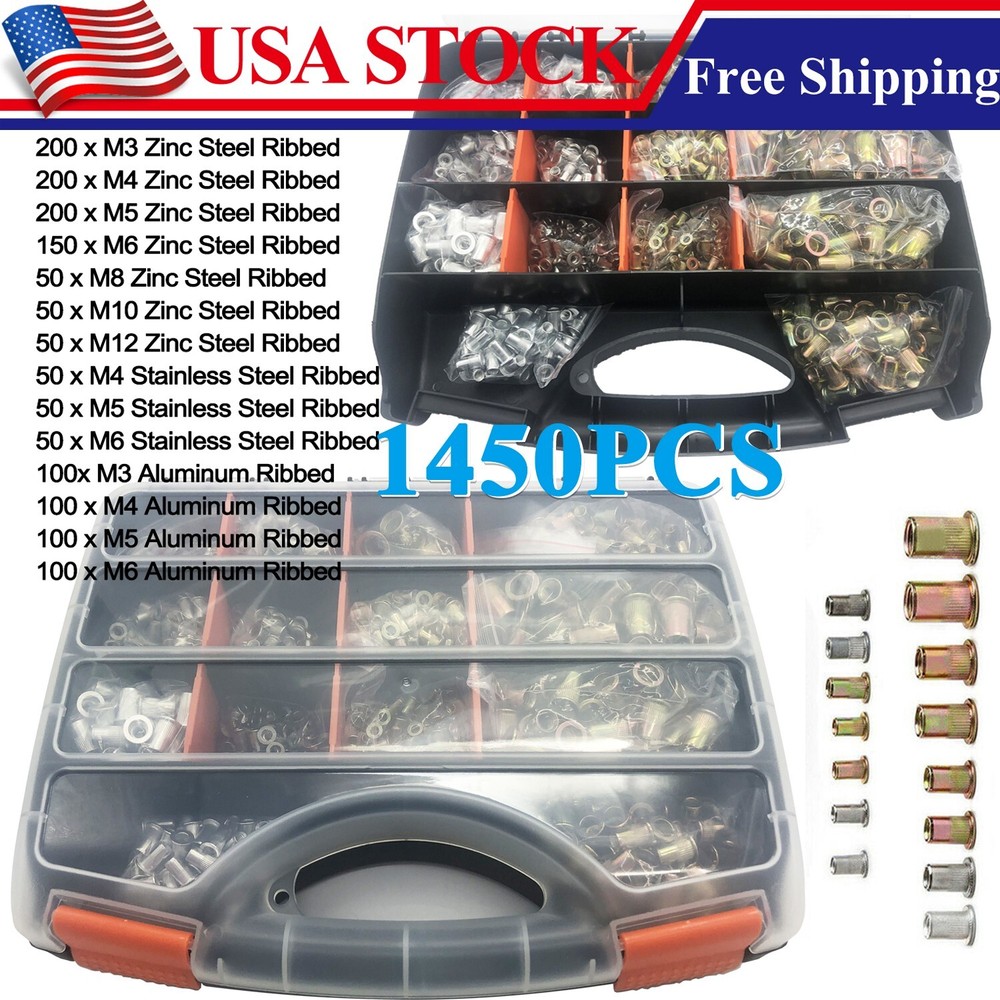 Rivet Nut Kit For Rivnut Setting Gun Nut Setter Tool Hand Blind Riveter 1450pcs