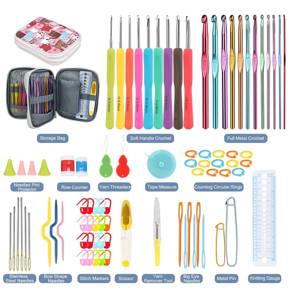 Katech Crochet Hooks Kit with Case, 85-Piece Set, Cats Pattern