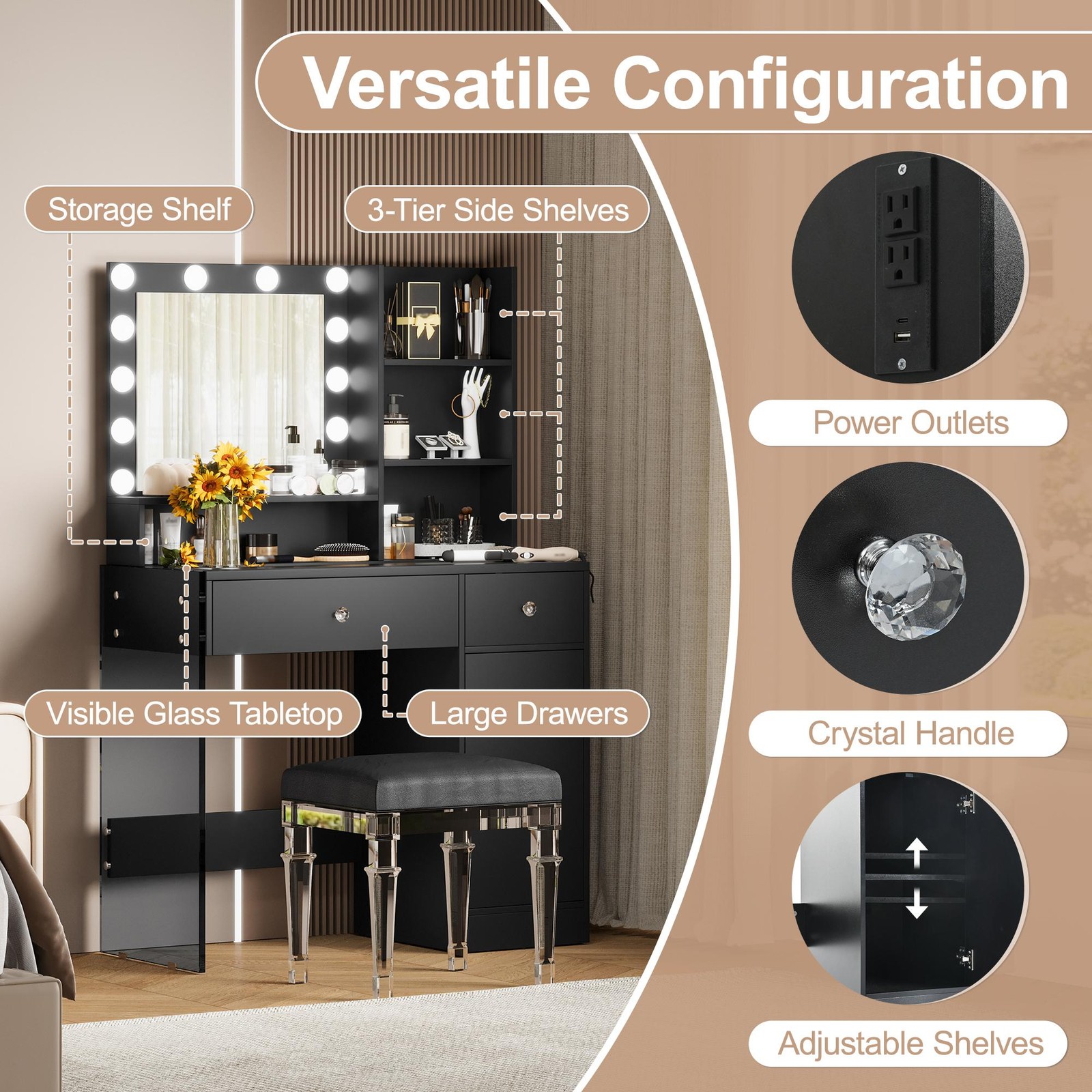 Vinsetto Vanity Desk with Mirror and 3 Lighting Modes, Black