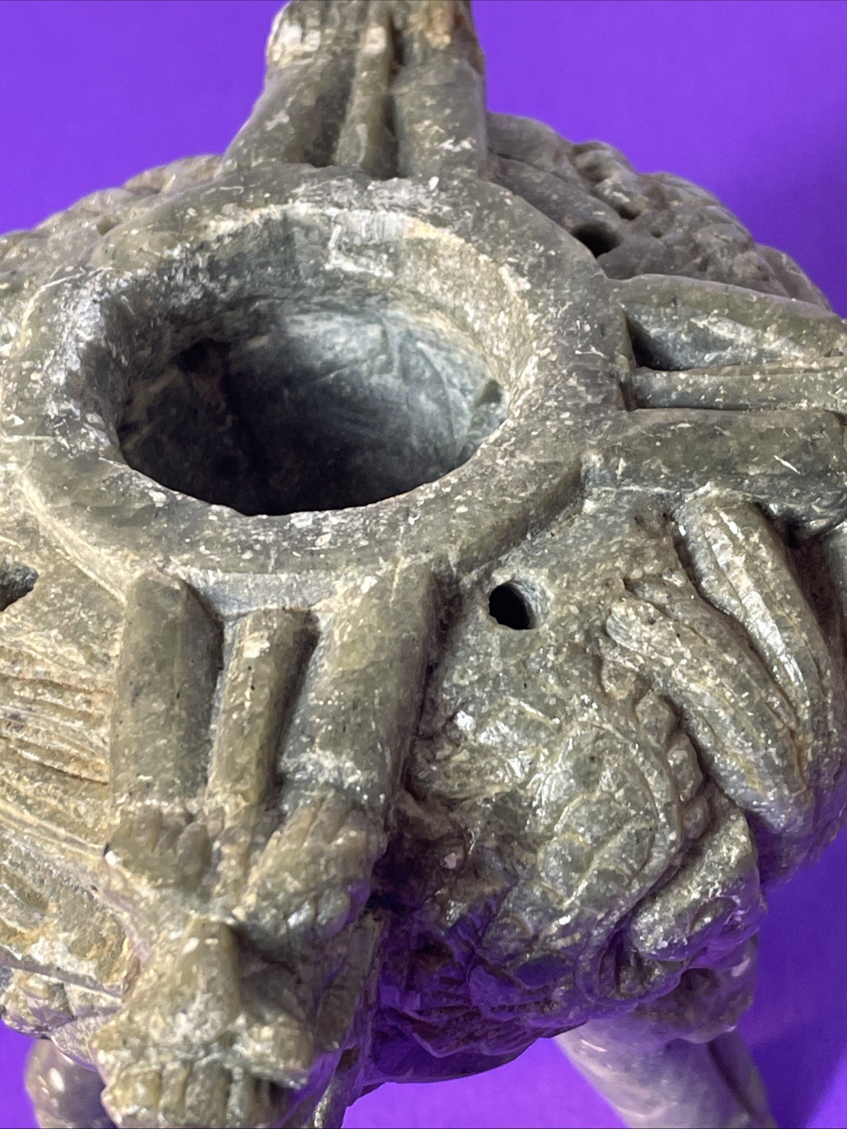 Chinese Stone TRIPOD Jar Lidded Dragon Lion Carved Two Piece Incense Burner