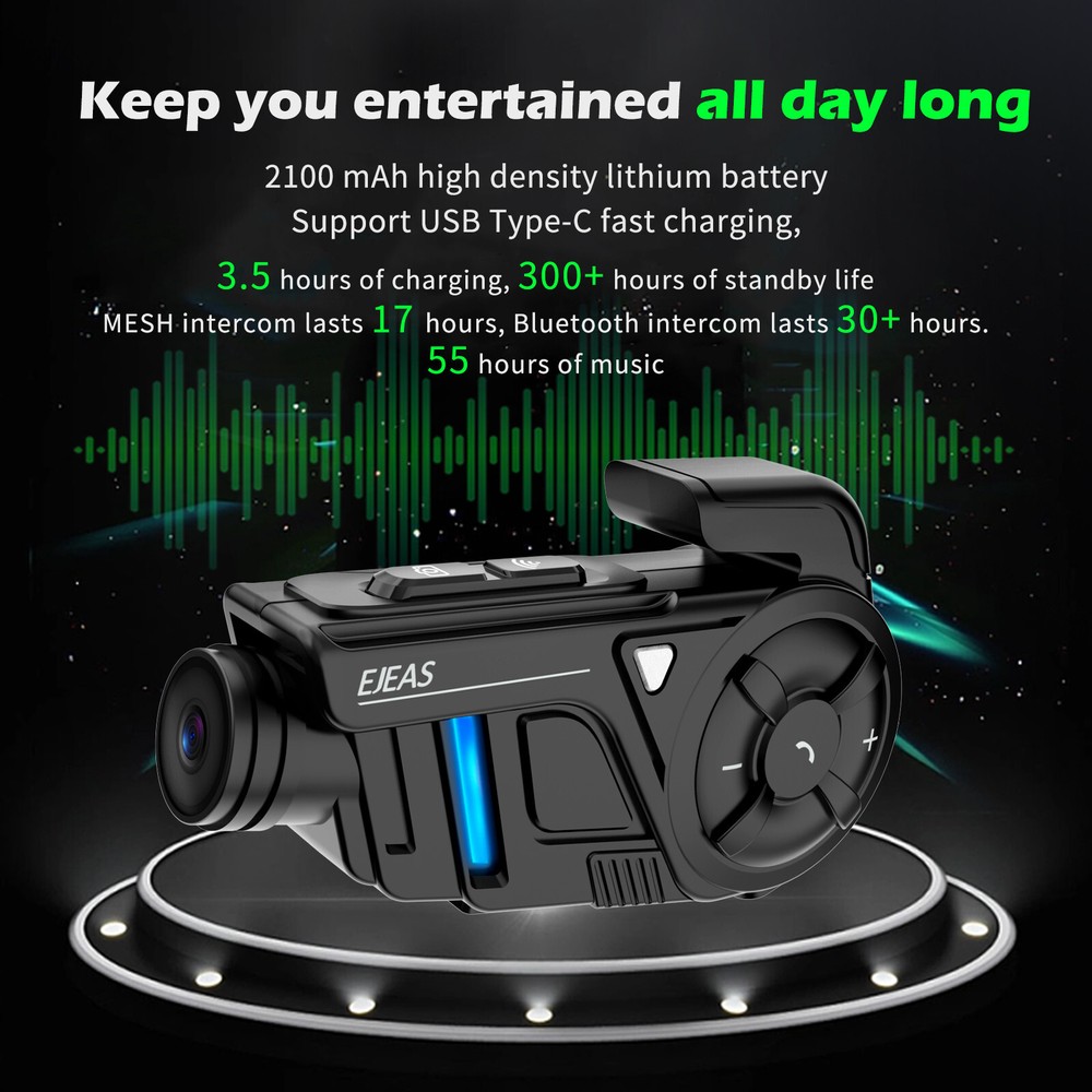 Auto Reconnect Motorcycle Bluetooth Intercom Headset Camera Recorder Waterproof