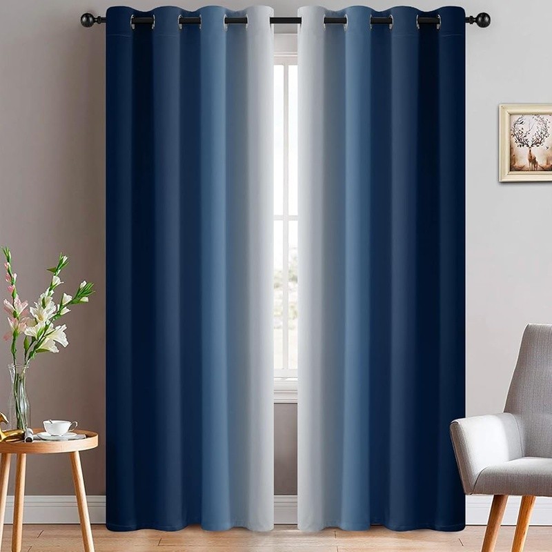 Ombre Blackout Curtains 8 Grommets Gradient Panel Soft Polyester Noise Reduction