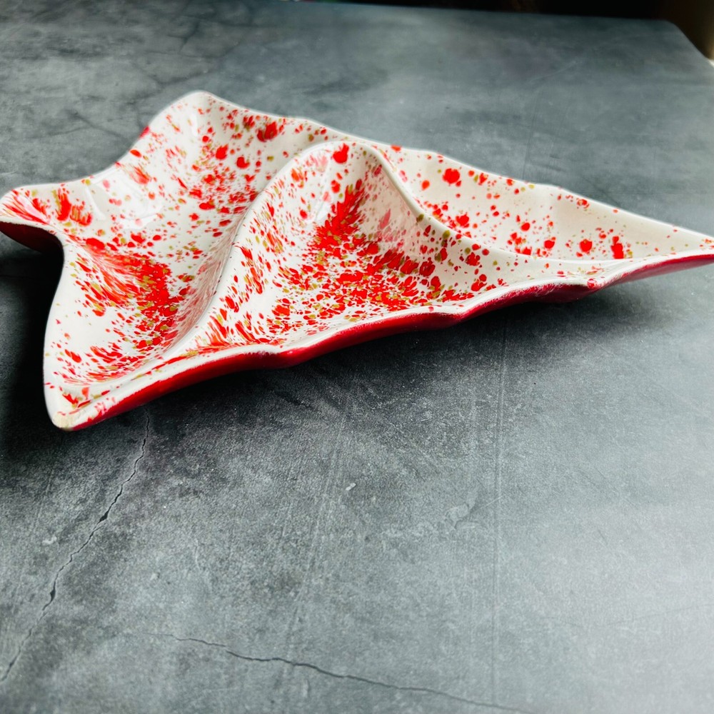 Red and White Speckled Ceramic Christmas Tree Divided Nut Candy Dish 11.5"