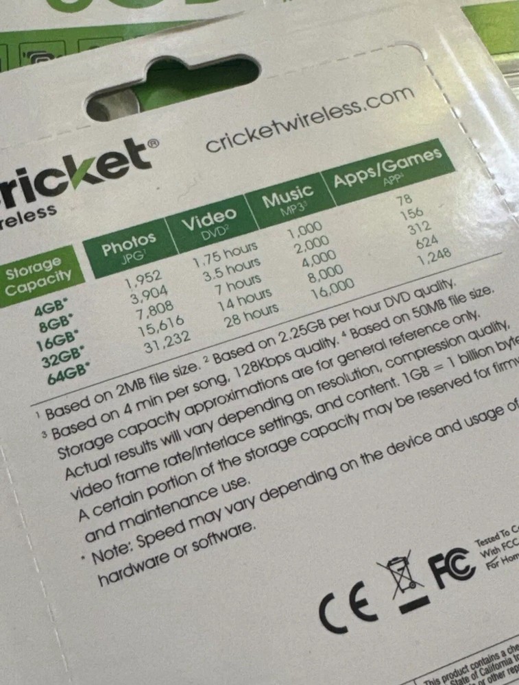 Cricket MicroSDHC 8GB Class 4 Memory Card NEW