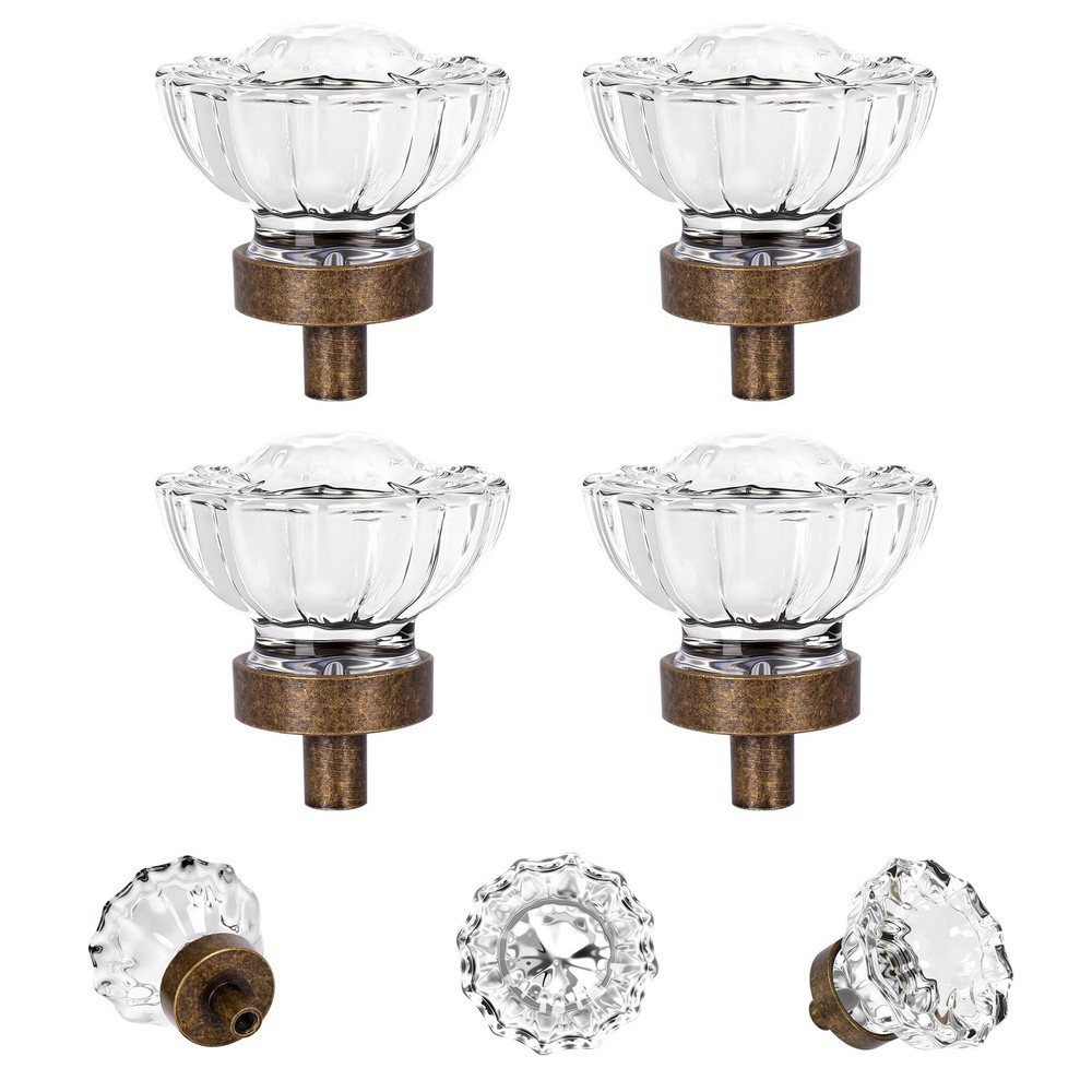 4 Pack Crystal Glass Cabinet Knobs, Vintage Antique Brass Drawer Knobs Aged B...