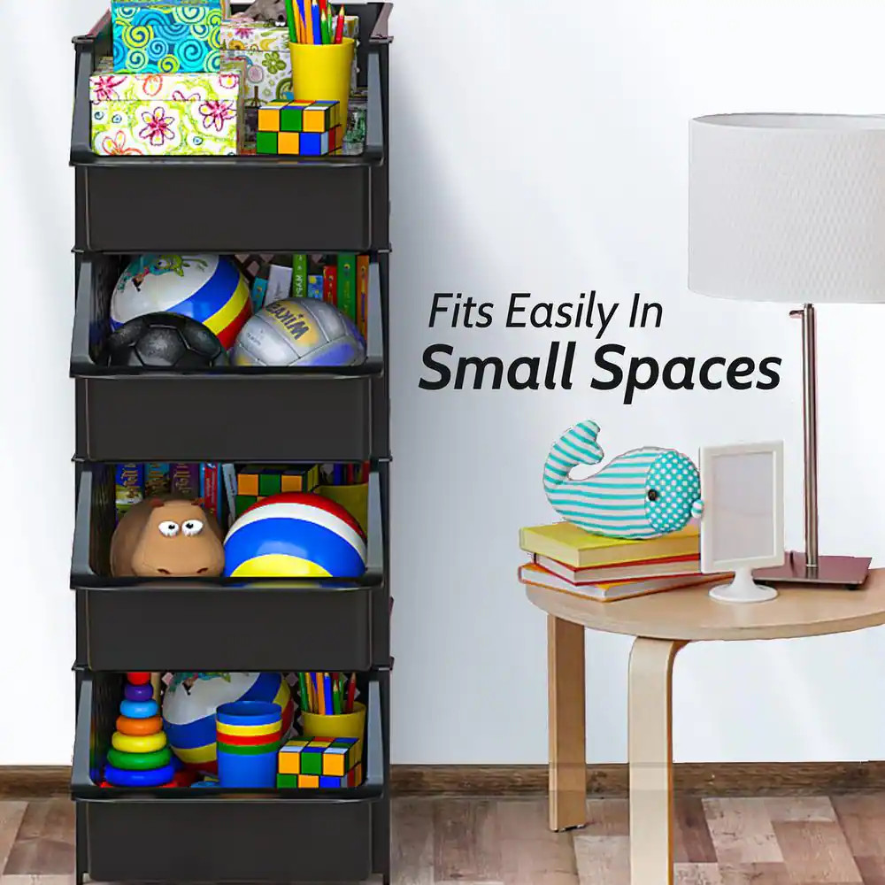 19 Qt. Plastic Stackable Storage Bins for Pantry in Black (4-Pack)