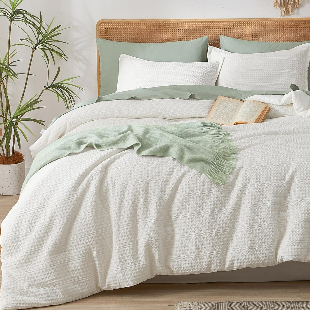 Cream Waffle Weave King Comforter Set - Ultra Soft & Lightweight Bedding