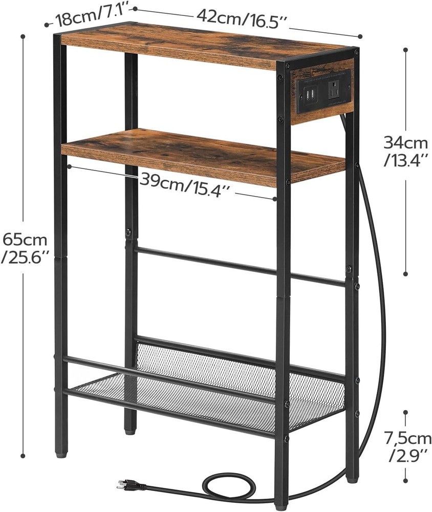 HOOBRO Small Narrow Side Table with Charging Station, Rustic Brown + Black