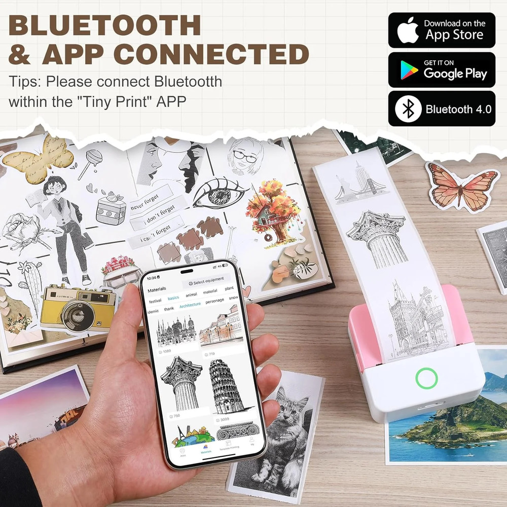 SLOK Thermal Mini Printer, Portable Inkless Bluetooth Sticker Maker with 10 Roll