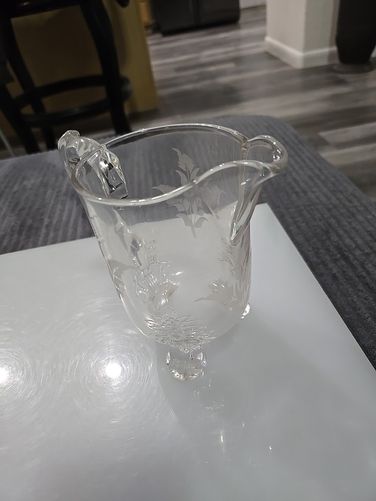 Antique 5,5 Inch Footed Etched Pitcher.