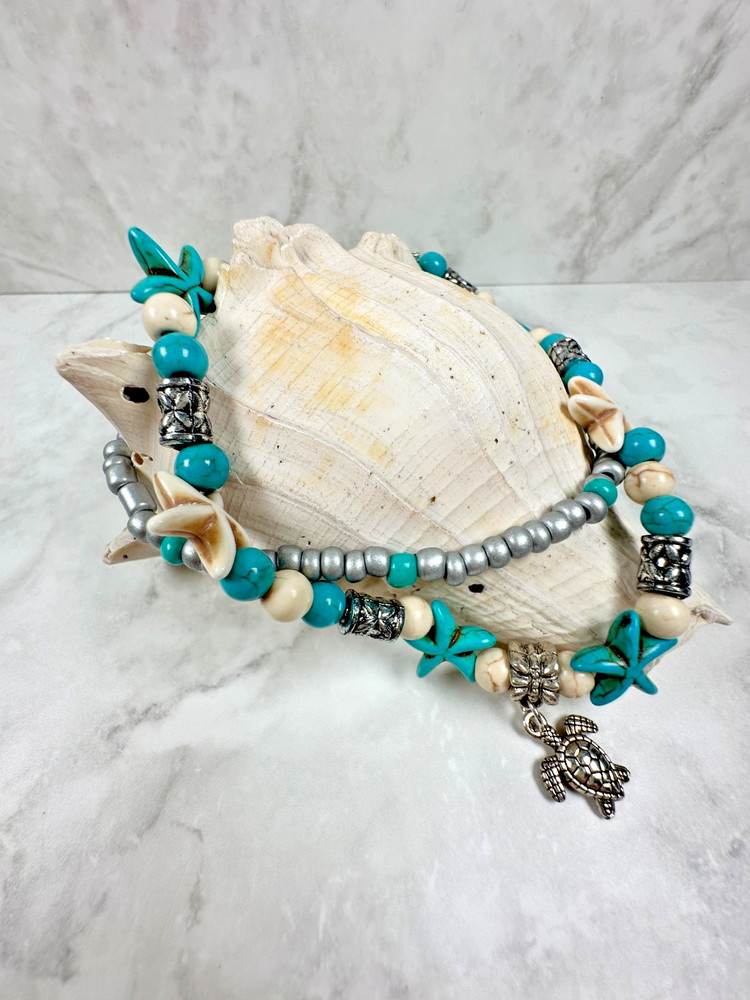 Silver Tone Beach Anklet with Cream & Teal Starfish &Turtle Dangle - 9"