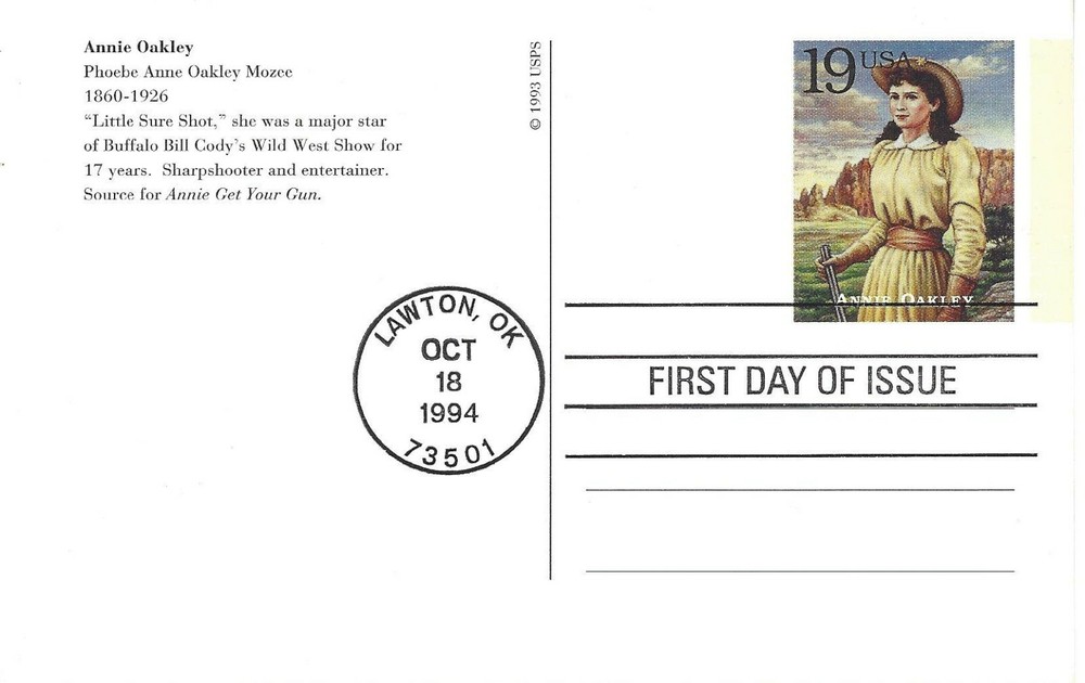 STAMP US SCOTT UX181 "Annie Oakley" 19 CENT 1994 POSTCARD FDC