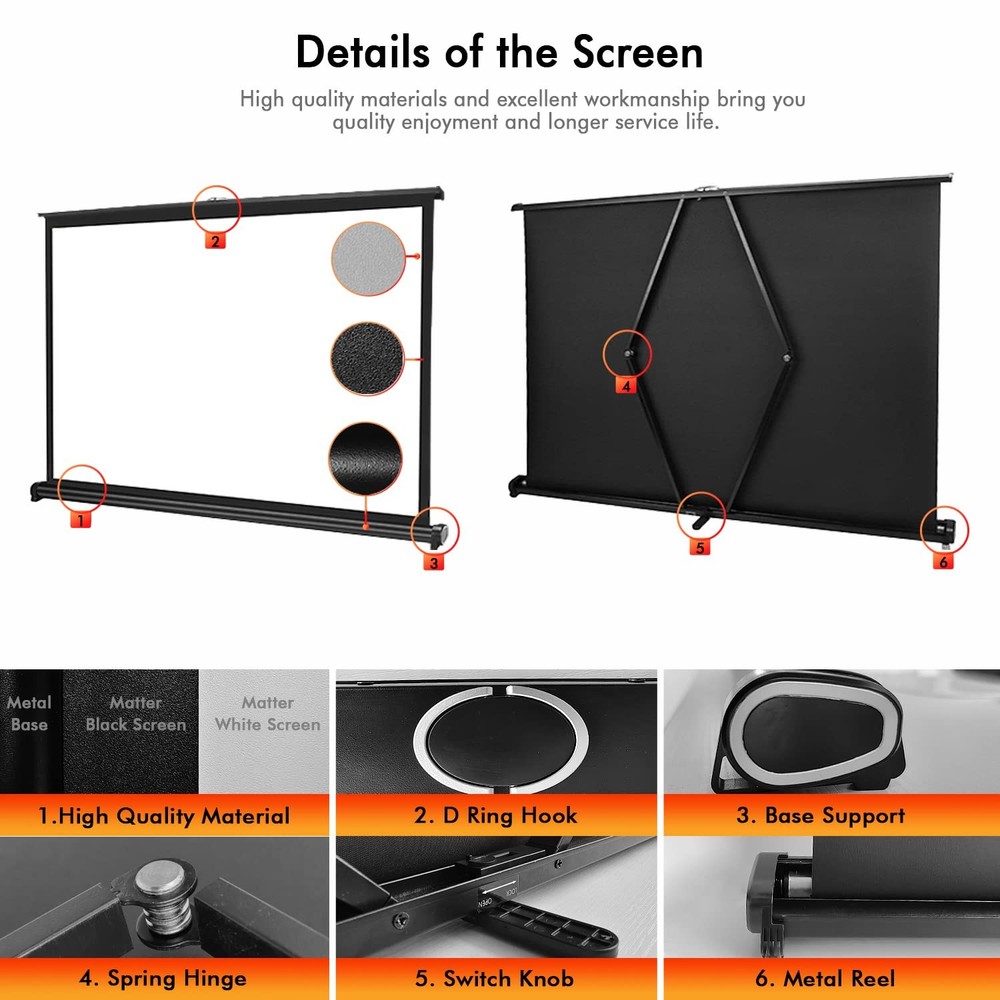 New Portable Mobile 50 Inch Projector Screen Pull Down, 16:9 white