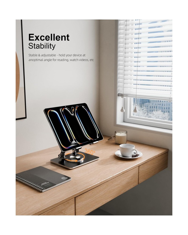Tablet Stand Holder with Thickened 360°Rotating Base Dual Rod Adjustable Al