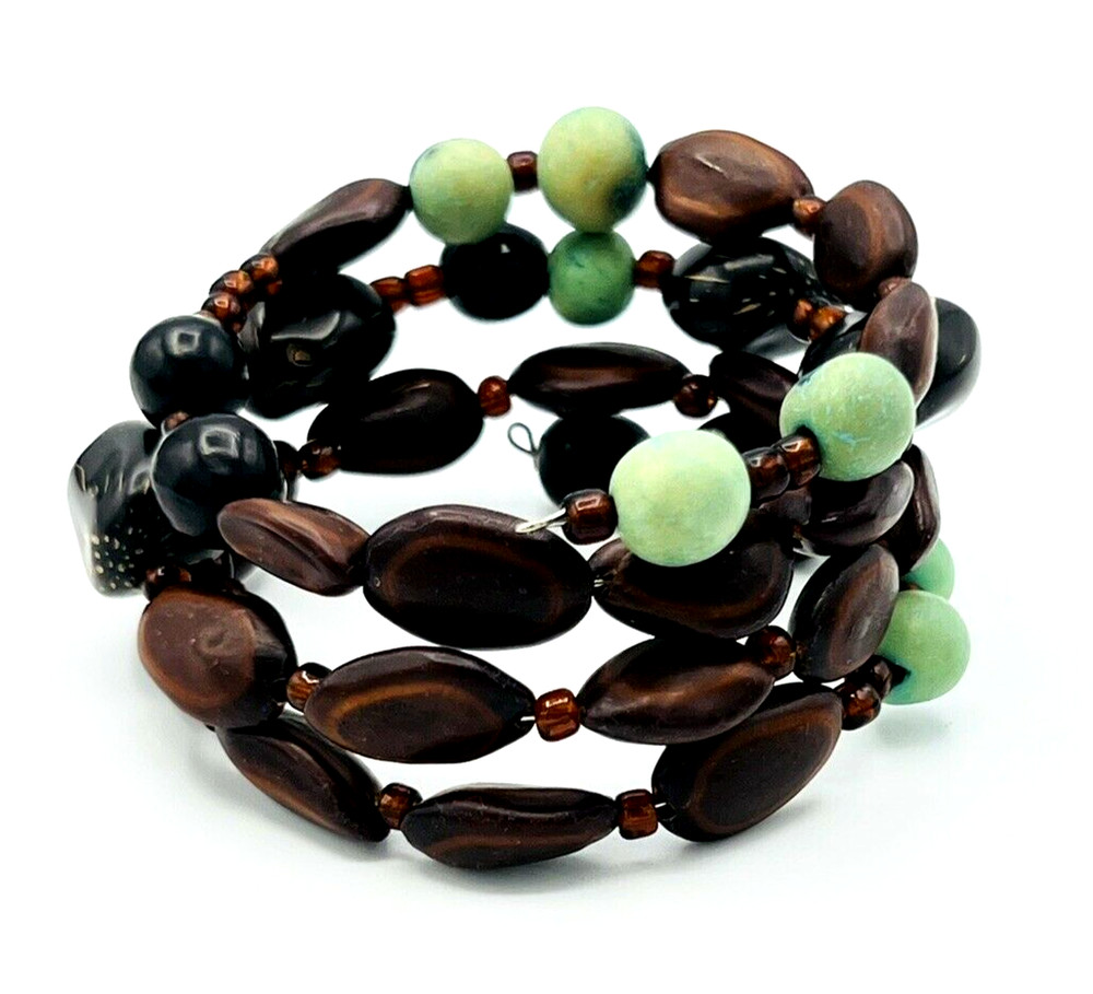 Artisan Nut Beads Memory Wire Wrap BOHO Bracelet