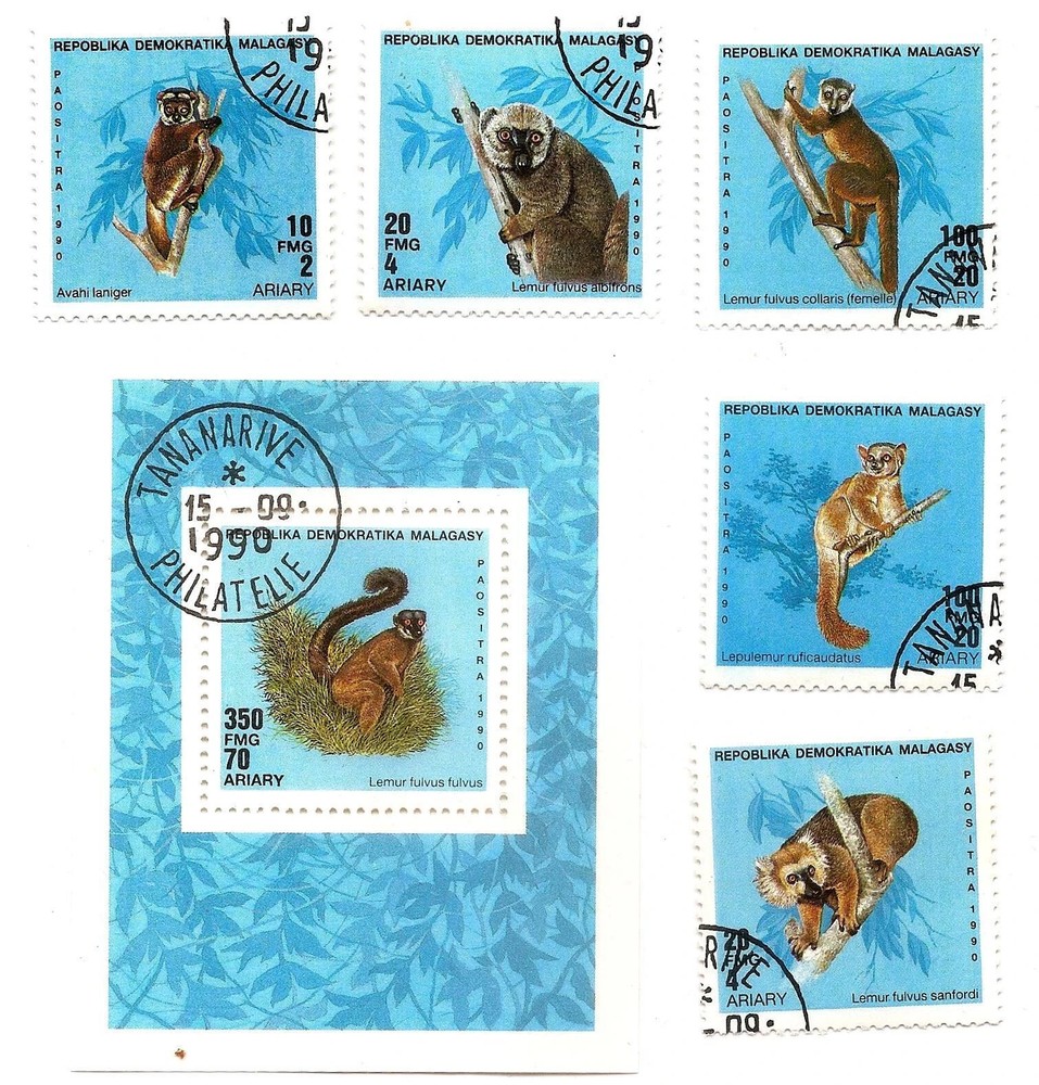 Malagasy/Madagaskar, #987-992  1990 Lemurs set, 5v plus SS, CTO