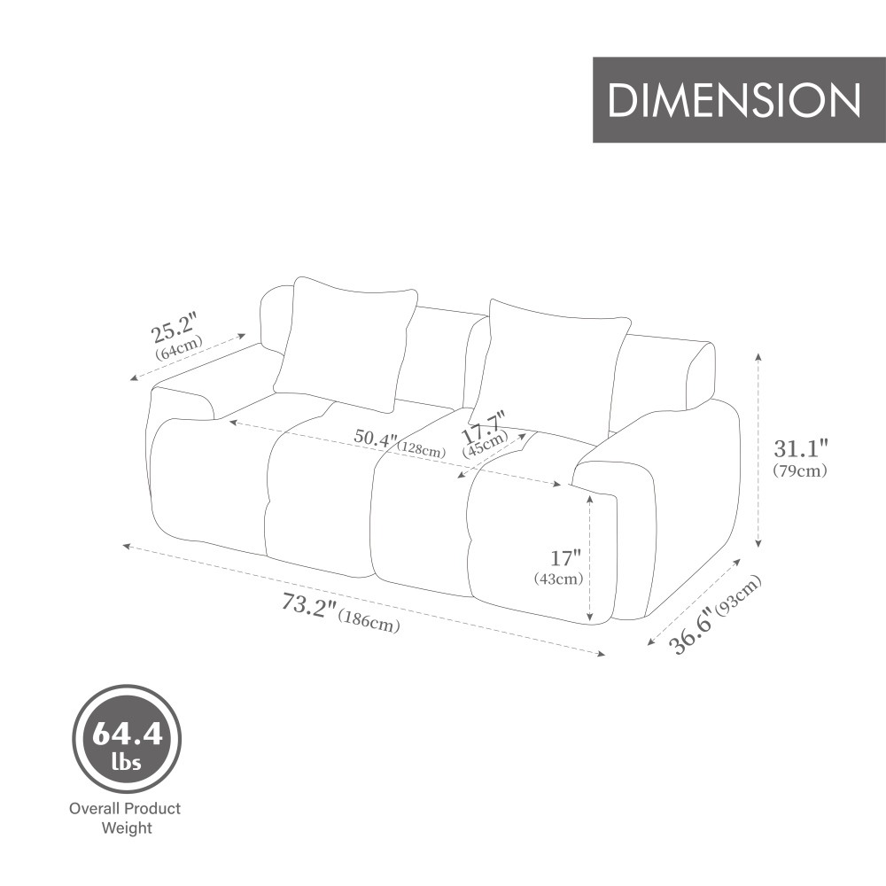 73" Modular Sectional Sofa Loveseat w/ 2 Pillows, Tufted Polyester Ivory