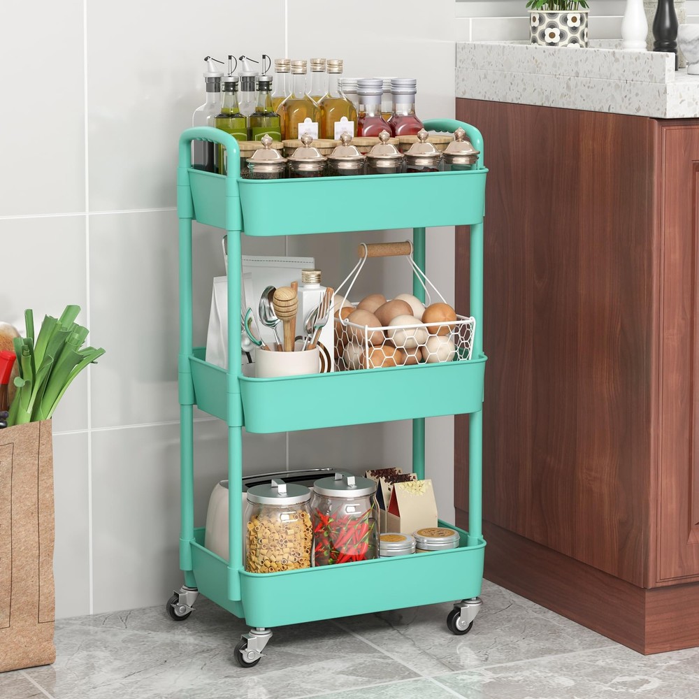 3-Tier Plastic Rolling Utility Cart with Handle, Multi-Functional Storage
